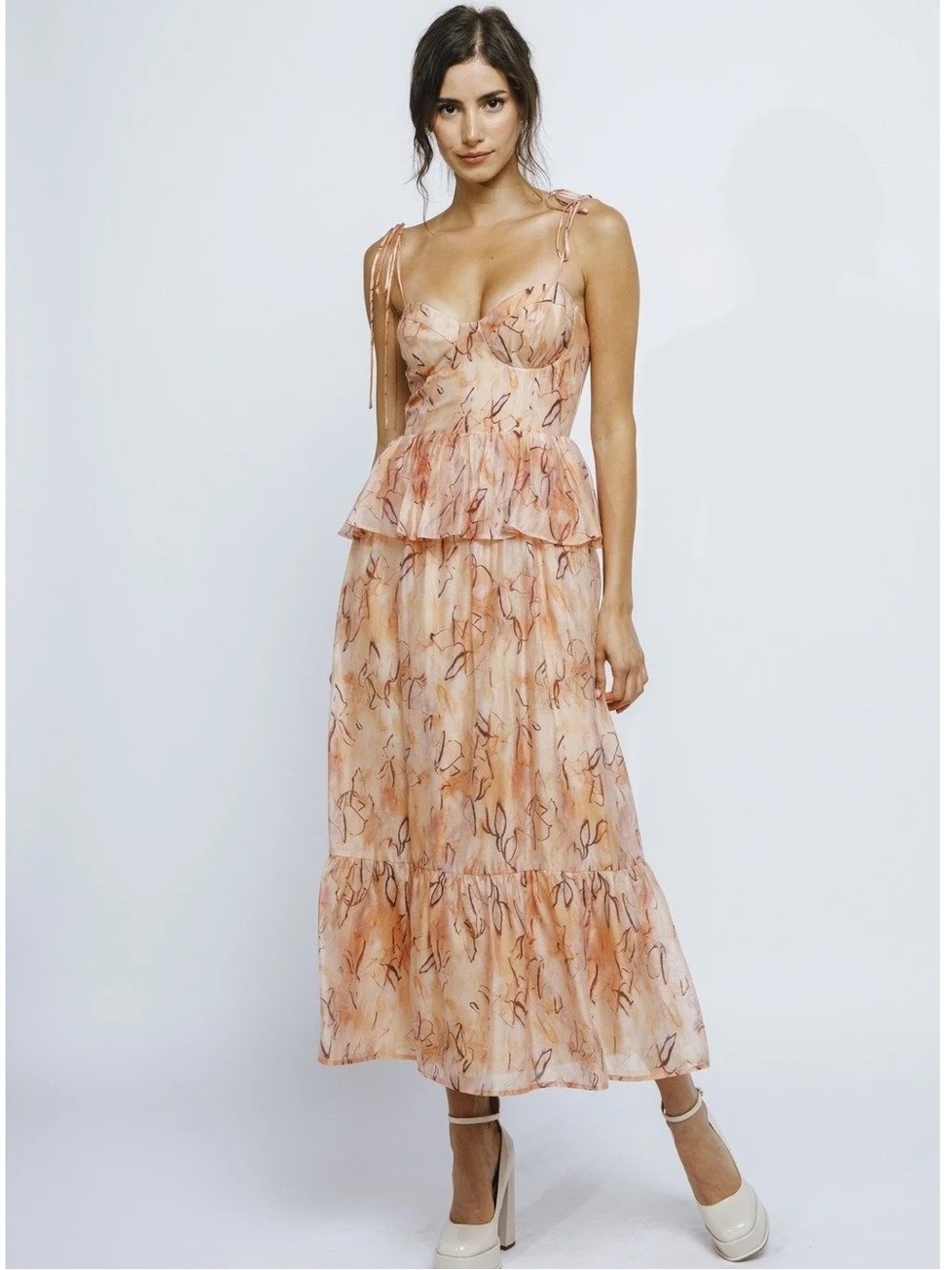 Peach Floral Tiered Midi Dress with Tie Straps